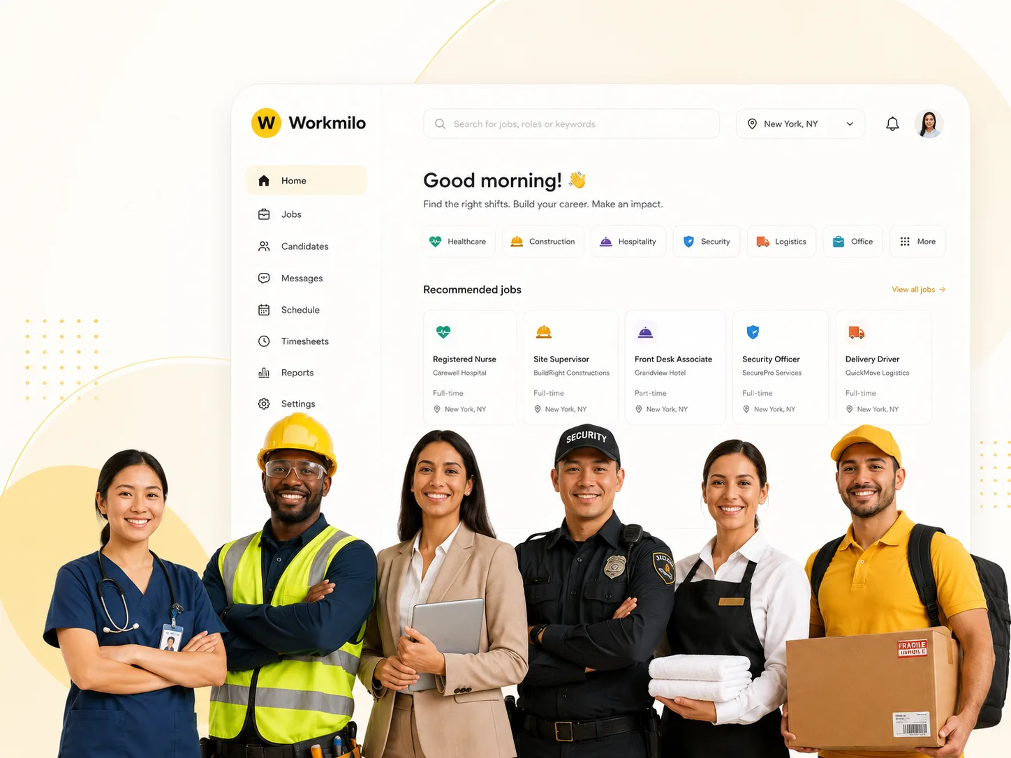 Workmilo dashboard preview with diverse UK workers across sectors